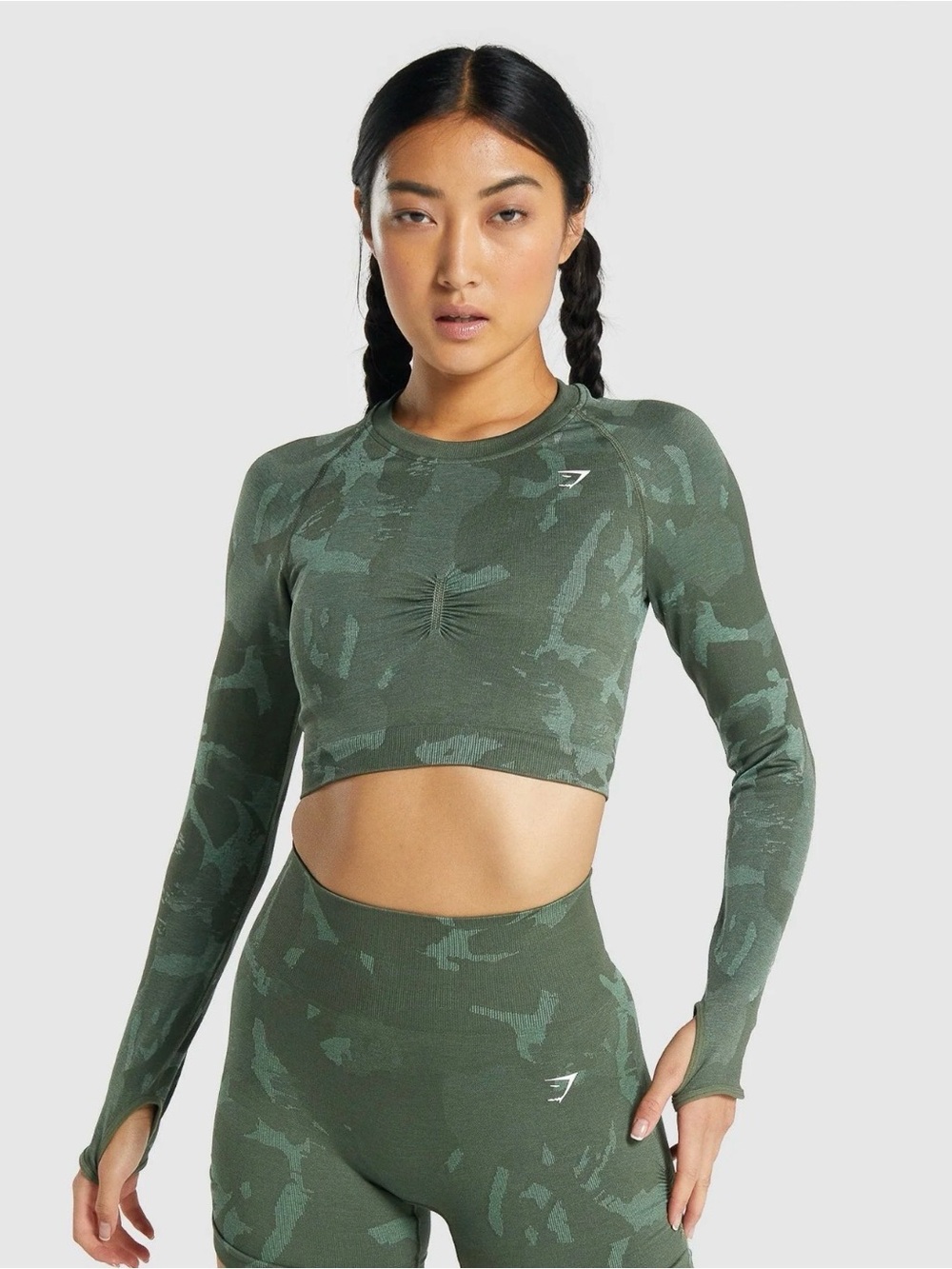Gymshark Olive Green Camo Long-Sleeve Crop Top and Leggings Set Size M Medium